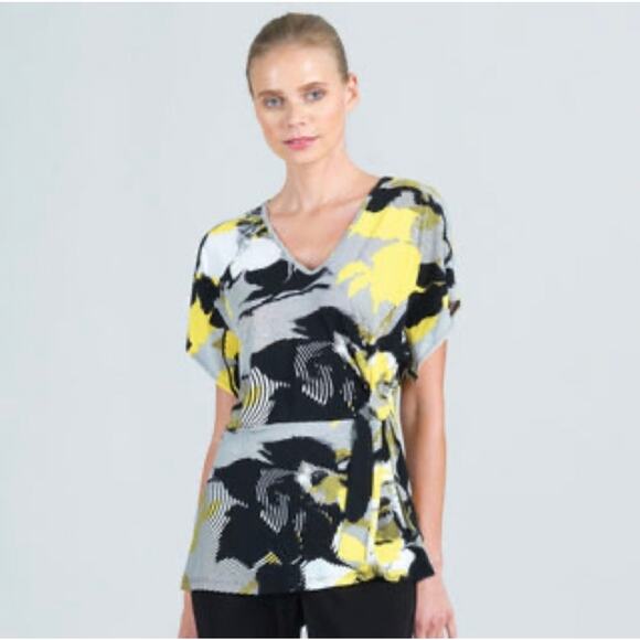 Clara Sun Woo Plus 2X Top Side Tie Tunic Yellow Black Floral Stripe Print Blouse - Picture 1 of 8
